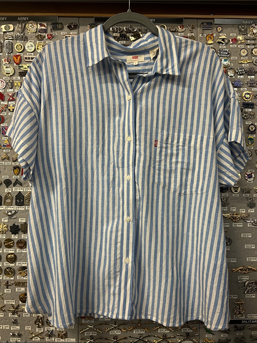 Levi's Light Blue and White Vertical Stripe Short-Sleeve Loose Fit Button-Up